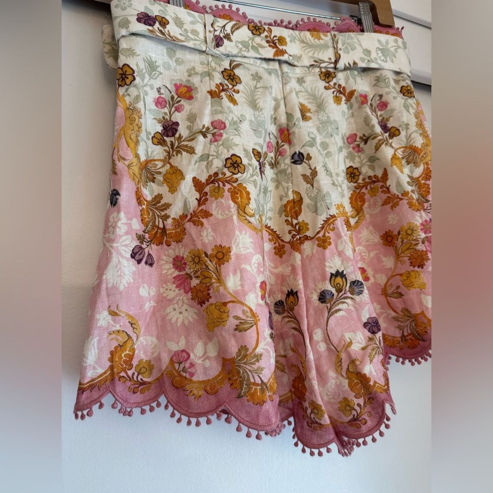 Zimmermann Laurel Pink White Linen Scalloped Floral Shorts Belt Size AU 3 US 10 - Picture 7 of 11